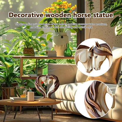 Charming Decorative Wooden Horse Statue - Snuggle Pose Animal Sculpture for Home or Office Decor