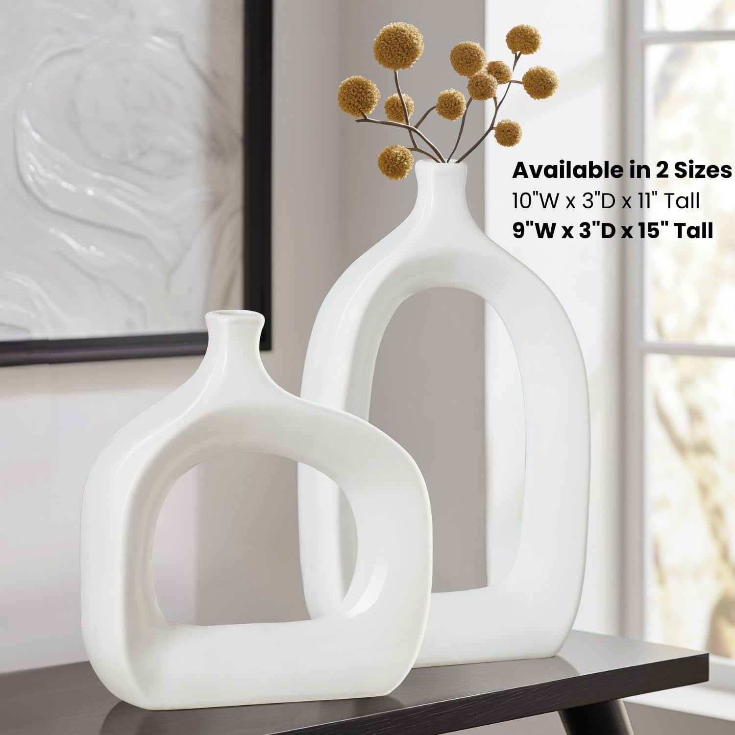 15" Handmade Glossy White Ceramic Abstract Vase - Chic Modern Decor for Entryway, Mantel, or Shelf