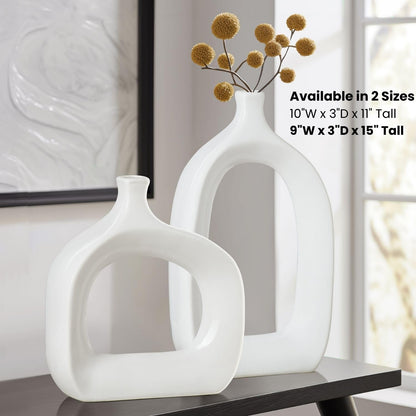 15" Handmade Glossy White Ceramic Abstract Vase - Chic Modern Decor for Entryway, Mantel, or Shelf