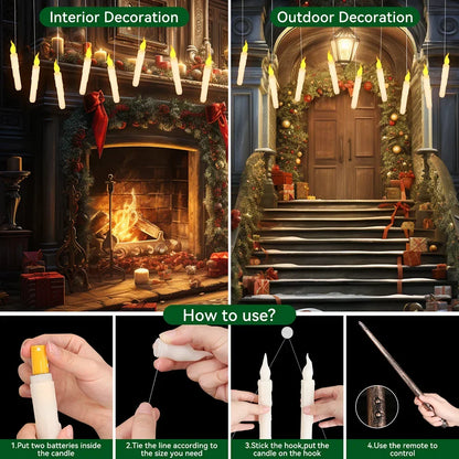 Floating LED Flameless Taper Candles with Magic Wand - 12/48 Pack, Flickering Warm Light for Christmas and Halloween Celebrations