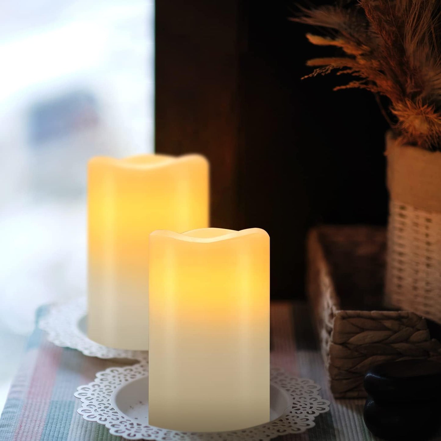 Flameless Candles Battery Operated Candles Set of 12 (D: 3" X H: 4") Real Wax Pillar Flickering Candles LED Flameless Candles with Remote and Timer Control (Ivory Color)