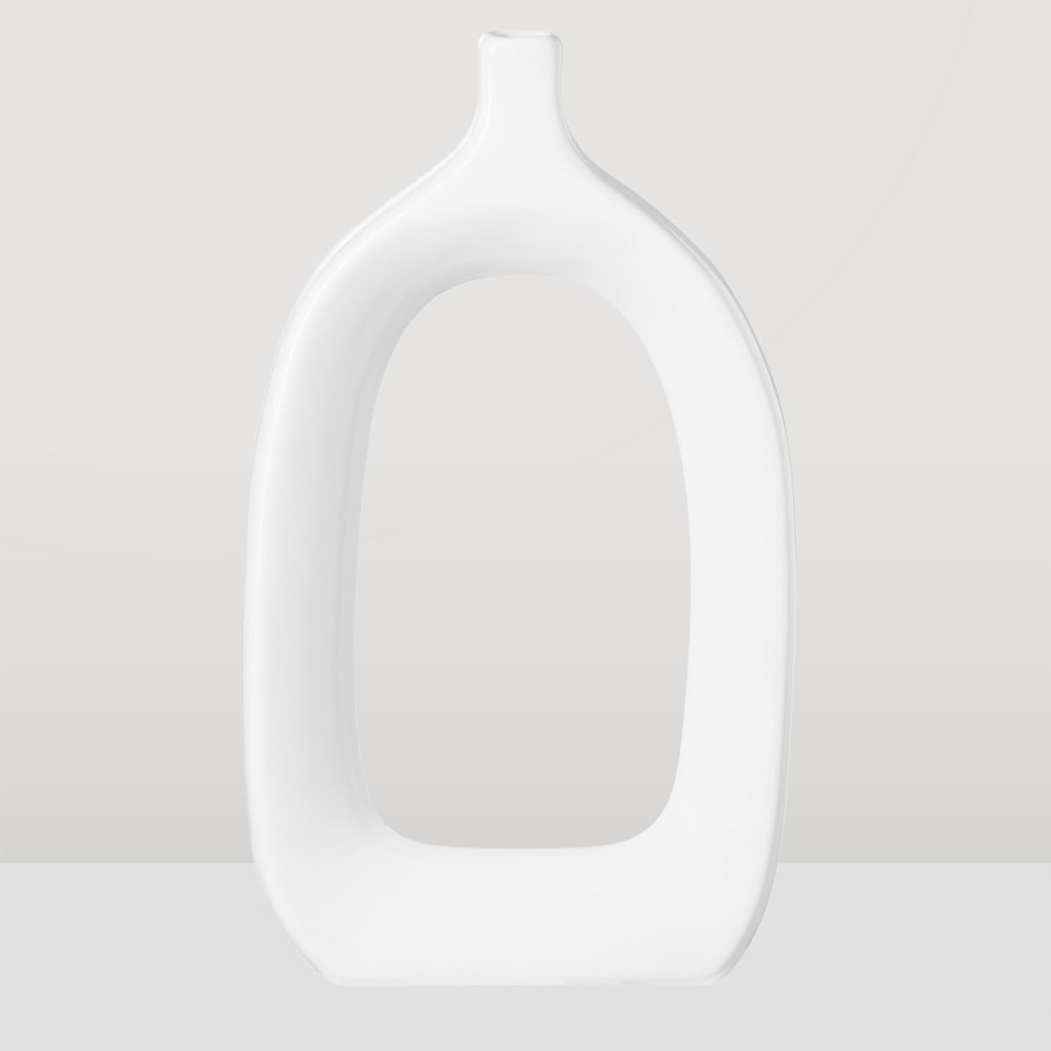 15" Handmade Glossy White Ceramic Abstract Vase - Chic Modern Decor for Entryway, Mantel, or Shelf